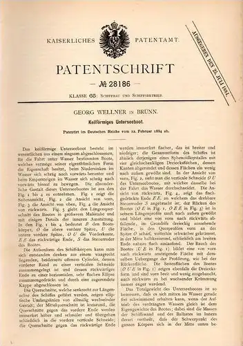 Original Patentschrift - G. Wellner in Brünn / Brno , 1884 , Unterseeboot , U-Boot , Boot !!!