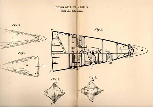 Original Patentschrift - G. Wellner in Brünn / Brno , 1884 , Unterseeboot , U-Boot , Boot !!!