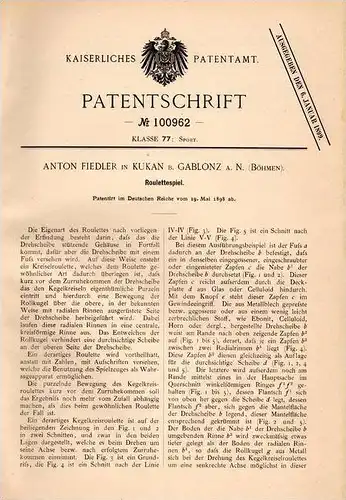 Original Patentschrift - A. Fiedler in Kukan / Kokonin b. Gablonz , 1898 , Roulette , Kreisel - Roulette , Casino !!!