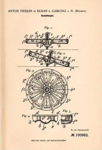 Original Patentschrift - A. Fiedler in Kukan / Kokonin b. Gablonz , 1898 , Roulette , Kreisel - Roulette , Casino !!!