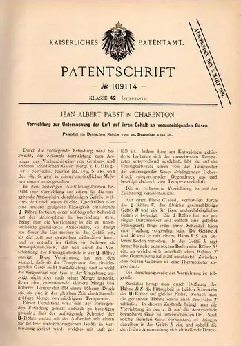 Original Patentschrift - J.A. Pabst à Charenton le Pont , 1898 , Appareil pour l'enquête de l'air contaminé !!!
