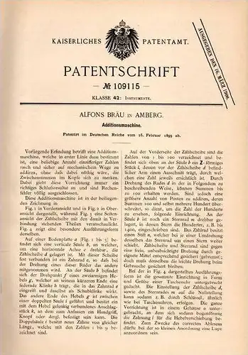 Original Patentschrift - A. Bräu in Amberg , 1899 , Rechenmaschine , Mathematik , Schule , Rechner , Rechnen !!!