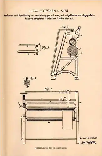 Original Patentschrift - Hugo Botschen in Wien , 1894 , Herstellung von Bändern aus Stoff , Textilien !!!