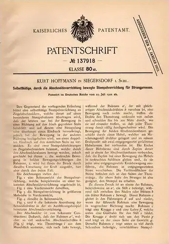 Original Patentschrift - K. Hoffmann in Siegersdorf / Nowogrodziec i. Schlesien , 1901 , Stempel für Presse !!!