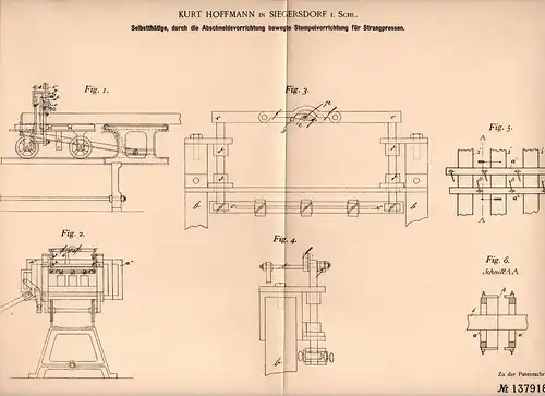 Original Patentschrift - K. Hoffmann in Siegersdorf / Nowogrodziec i. Schlesien , 1901 , Stempel für Presse !!!