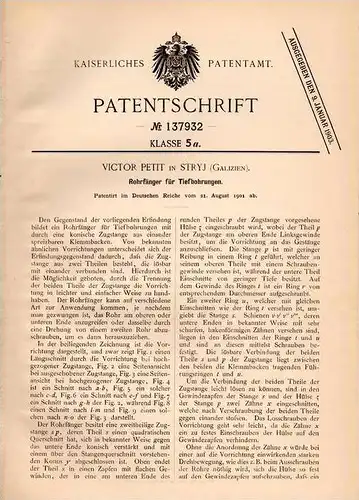 Original Patentschrift - V. Petit in Stryj , Russland , 1901 , Apparat für Erdbohrer , Tiefbohrung , Bohrer , Erdbau !!!