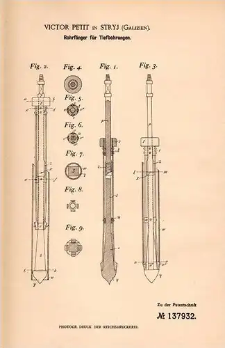 Original Patentschrift - V. Petit in Stryj , Russland , 1901 , Apparat für Erdbohrer , Tiefbohrung , Bohrer , Erdbau !!!