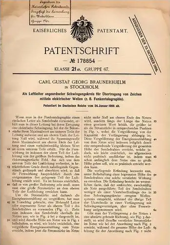 Original Patentschrift - C.G. Braunerhjelm in Stockholm ,1906, Schwingungskreis für Telegraphie , Telegraph , telegraphy