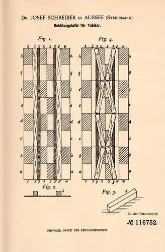 Original Patentschrift - Dr. J. Schreiber in Aussee , Steiermark , 1899 , Tafel für Tabiker , Medizin , Tabes , Arzt !!!