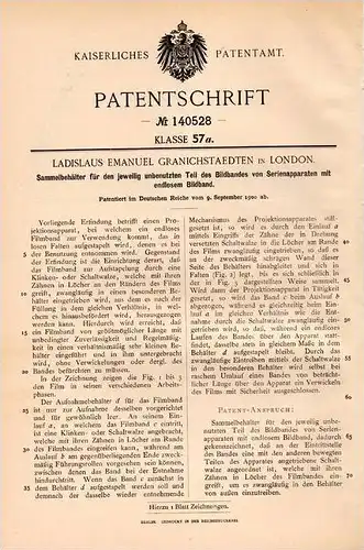Original Patentschrift - L. Granichstaedten in London , 1900 , Sammler für Projektionsapparat , Film , Kino !!!