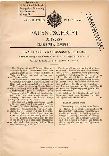 Original Patentschrift - I. Hakki in Waidmannslust b. Berlin , 1905 , Zigarettenhüllen aus Tabak , Cigarette , Cigarre !