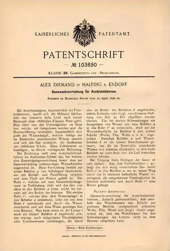 Original Patentschrift - Alex Demand in Halfing b. Bad Endorf , 1898 , Gaswaschapparat für Acetylen - Laternen , Laterne