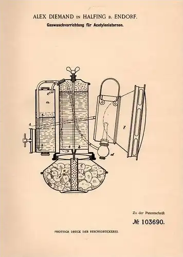 Original Patentschrift - Alex Demand in Halfing b. Bad Endorf , 1898 , Gaswaschapparat für Acetylen - Laternen , Laterne