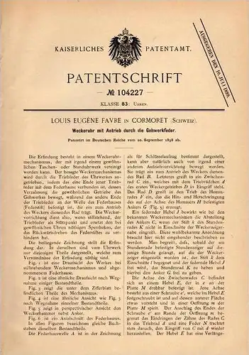 Original Patentschrift - L. Favre in Cormoret , Schweiz , 1898 , Weckeruhr mit Antrieb duch Gehwerkfeder , Uhr , Uhren !