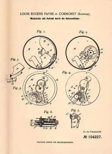 Original Patentschrift - L. Favre in Cormoret , Schweiz , 1898 , Weckeruhr mit Antrieb duch Gehwerkfeder , Uhr , Uhren !