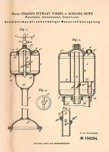 Original Patentschrift - Baron Ch. Forbes in Schloss Newe , Strathdon , Scotland , 1898 , Acetylenlampe , Lampe , Adel