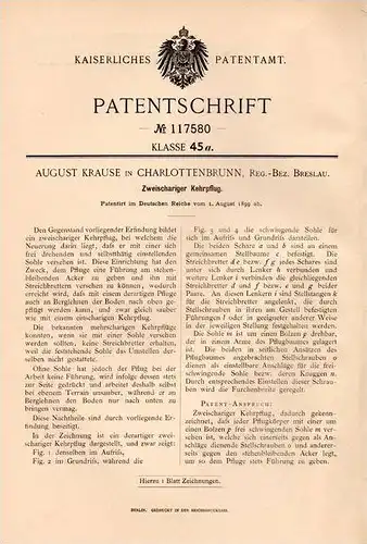 Original Patentschrift - August Krause in Charlottenbrunn / Jedlina Zdrój , 1899 , zweischariger Pflug , Agrar !!!