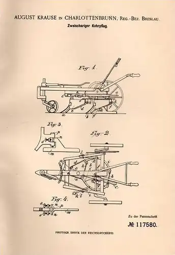 Original Patentschrift - August Krause in Charlottenbrunn / Jedlina Zdrój , 1899 , zweischariger Pflug , Agrar !!!