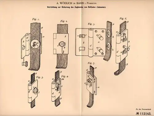 Original Patentschrift - A. Wödlich in Bahn / Banie i. Pommern , 1899 , Zugband von Rolladen , Jalousie !!!