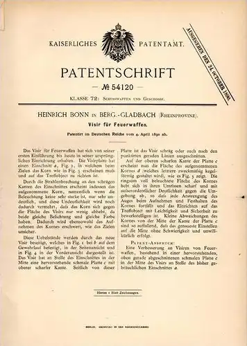 Original Patentschrift - Heinrich Bonn in Bergisch Gladbach , 1890 , Visier für Feuerwaffe , Pistole , Gewehr !!!