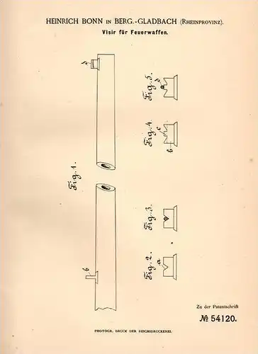 Original Patentschrift - Heinrich Bonn in Bergisch Gladbach , 1890 , Visier für Feuerwaffe , Pistole , Gewehr !!!