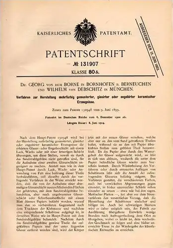 Original Patentschrift - Dr. Georg von dem Borne in Bornhofen b. Berneuchen , 1900 ,farbige Keramik , Barnówko