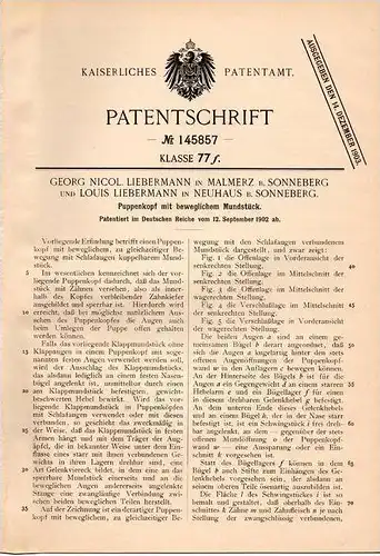 Original Patentschrift - G. Liebermann in Malmerz und Neuhaus b. Sonneberg , 1902 , Puppenkopf , Puppe , Puppen , Kruse