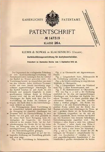 Original Patentschrift - Klemm & Nowak in Klausenburg / Cluj , Ungarn , 1902 , Karbidzuführung für Acetylenentwickler !