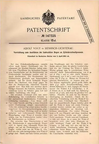 Original Patentschrift - Adolf Vogt in Hessisch Lichtenau , 1903 , bedruckte Bogen an Zylinderschnellpressen , Presse !!