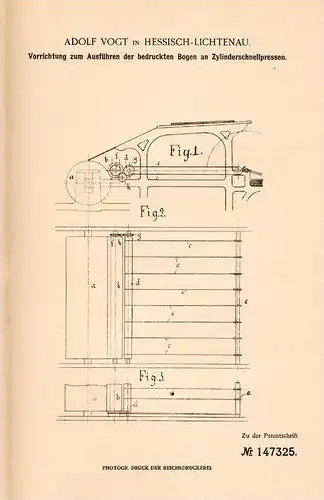 Original Patentschrift - Adolf Vogt in Hessisch Lichtenau , 1903 , bedruckte Bogen an Zylinderschnellpressen , Presse !!