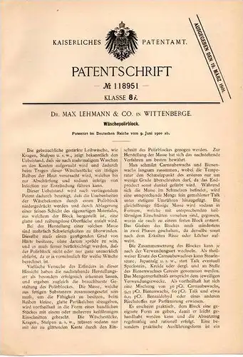 Original Patentschrift - Dr. Max Lehmann in Wittenberge , 1900 , Polierbock für Wäsche !!!