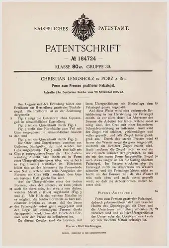 Original Patentschrift - Ch. Lengsholz in Porz - Köln a. Rh., 1905 , Form für Falzziegel , Dachziegel , Dachdecker !!!