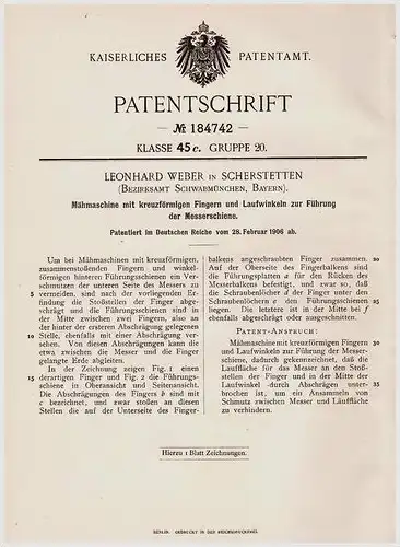Original Patentschrift - L. Weber in Scherstetten , Bayern , 1906 , Mähmaschine , Landwirtschaft , Stauden !!!