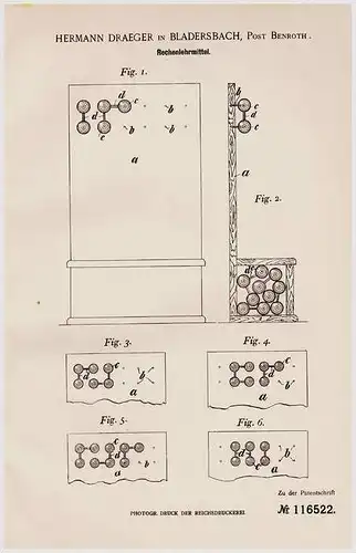 Original Patentschrift -H. Draeger in Bladersbach / Waldbröhl , Post ,1900, Lehrmittel , Mathematik , Nümbrecht , Schule