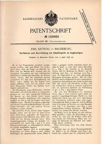 Original Patentschrift - Apparat zum Sperma - Stau vor Uterus , Frauenarzt ,1898 , E. Krönig in Magdeburg , Berfruchtung