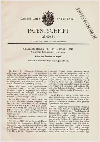 Original Patentschrift - Ch. Butlin in Camborne , England , 1889 , Halter für Schirme an Wagen , Kutschen !!!
