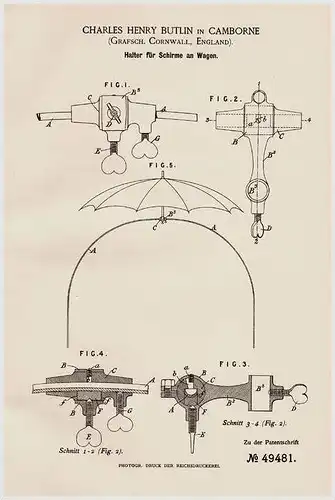 Original Patentschrift - Ch. Butlin in Camborne , England , 1889 , Halter für Schirme an Wagen , Kutschen !!!