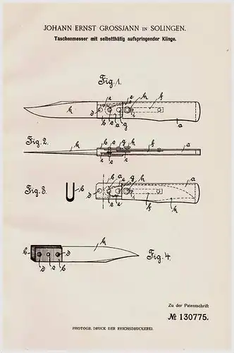 Original Patentschrift - J. Grossjahn in Solingen ,1901, Messer mit aufspringender Klinge , Sprungmesser , Taschenmesser