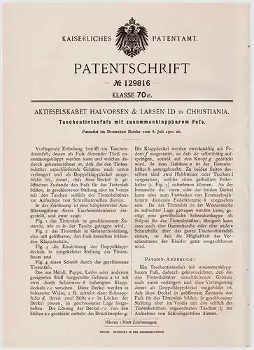 Original Patentschrift - zusammenklappbares Taschen - Tintenfaß , 190 , Halvorsen & Larsen Ld in Christiania , Tinte !!!