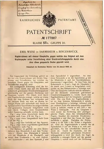 Original Patentschrift - E. Wiese in Sarmsheim b. Bingerbrück , 1905 , Kopierer mit Glasplatte , Münster , Bingen !!!