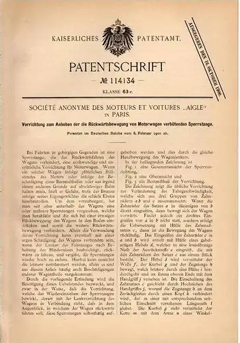 Original Patentschrift - Société des Moteurs " Aigle " in Paris , 1900 , Sperrstange für Motorwagen , Automobile !!!