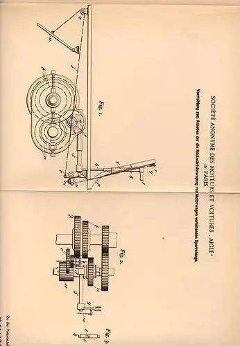 Original Patentschrift - Société des Moteurs " Aigle " in Paris , 1900 , Sperrstange für Motorwagen , Automobile !!!