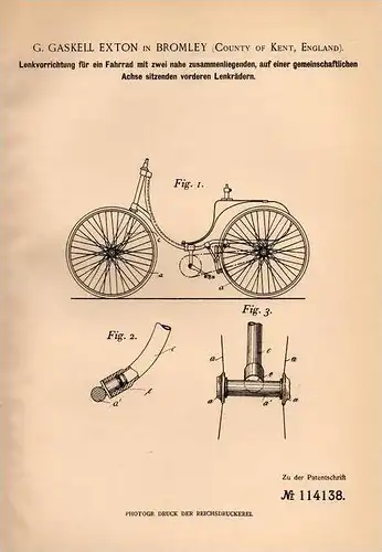 Original Patentschrift - G. Gaskell in Bromley , Kent , 1898 , Steering for bicycle with two steering wheels , London !!