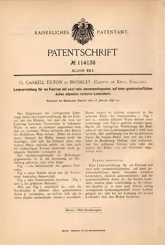 Original Patentschrift - G. Gaskell in Bromley , Kent , 1898 , Steering for bicycle with two steering wheels , London !!