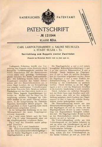 Original Patentschrift - C. Lampoltshammer in Saline Neusulza b. Sulza i.Th., 1900 , Kupplung zweier Zweiräder , Tandem