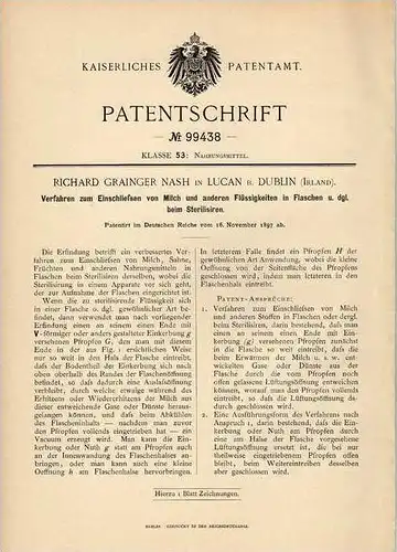 Original Patentschrift - R. Nash in Lucan b. Dublin , 1897 , Milch - Verschluss für Flaschen , Molkerei !!!