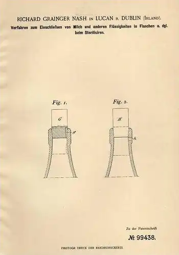 Original Patentschrift - R. Nash in Lucan b. Dublin , 1897 , Milch - Verschluss für Flaschen , Molkerei !!!