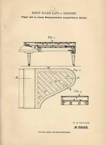 Original Patentschrift - Flügel mit Resonanzboden , 1898 , E. Kaps in Dresden , Piano , Klavier !!!