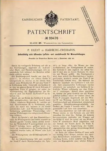Original Patentschrift - P. Eilert in Hamburg - Freihafen , 1897 , Ventil für Wasserleitung , Kanalisation !!!