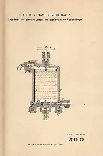 Original Patentschrift - P. Eilert in Hamburg - Freihafen , 1897 , Ventil für Wasserleitung , Kanalisation !!!